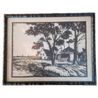 Linoleum Snede Boerderij Hollands Landschap. thumbnail 1