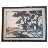 Linoleum Snede Boerderij Hollands Landschap.
