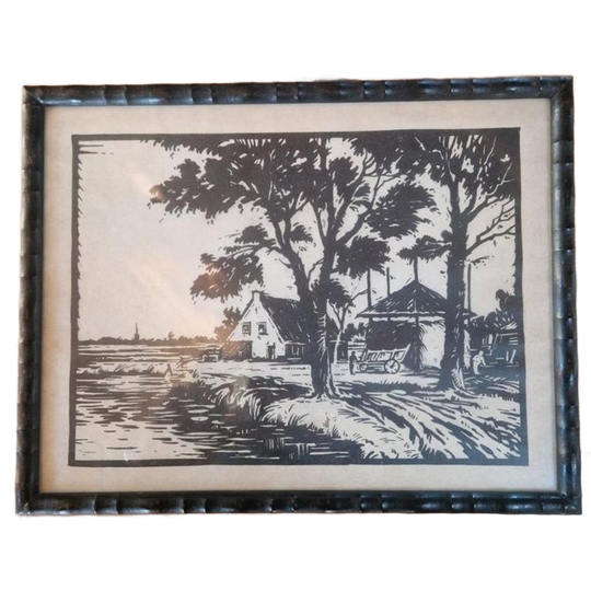 Linoleum Snede Boerderij Hollands Landschap. 1