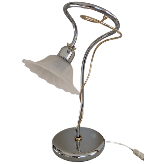 Art Deco Tafellamp Chroom, Goud En Glazen Bloem 1