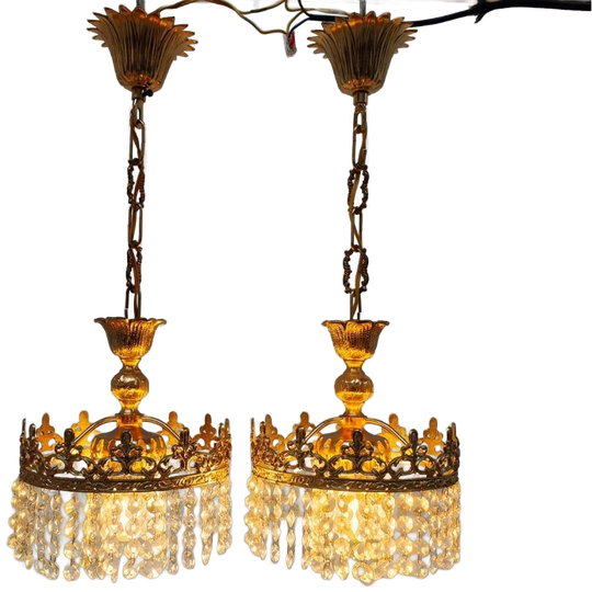 Set Vintage Antieke Regency Kristal En Messing Kroonluchter Setprijs 1