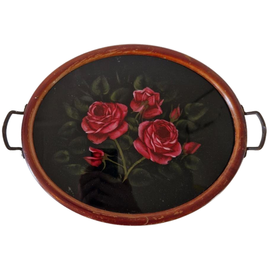 Antiek Dienblad Met Rozen Op Glas Serveerblad 1