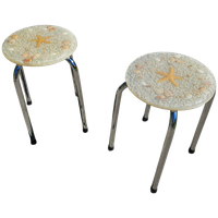 Stools With A Decorative Top Made With Sand , Seashells, And A Starfish Embedded In A Clear Acryl