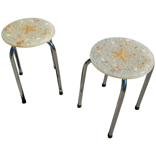 Stools With A Decorative Top Made With Sand , Seashells, And A Starfish Embedded In A Clear Acryl 1