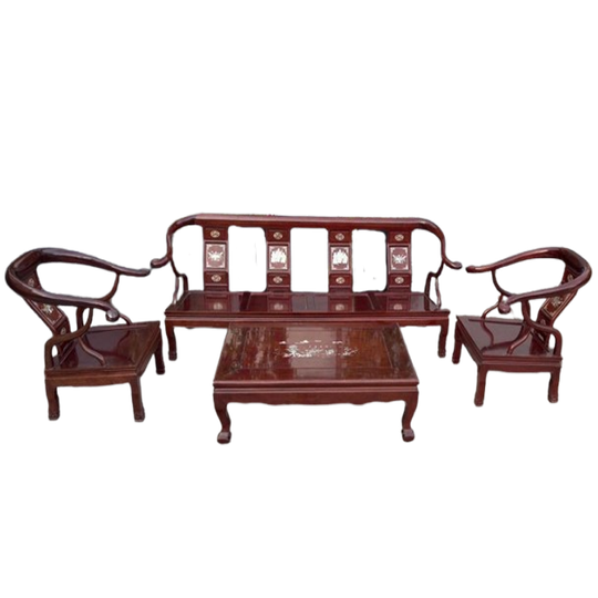 Set Of Chinese Red Liqueur Wood Sofa& Armchair, And Salon Table 1