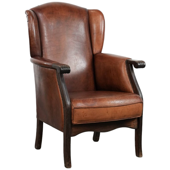 Klassieke Vintage Schapenleren En Houten Oorfauteuil Met Een Mooie Afwerking En Warme Kleuren 1