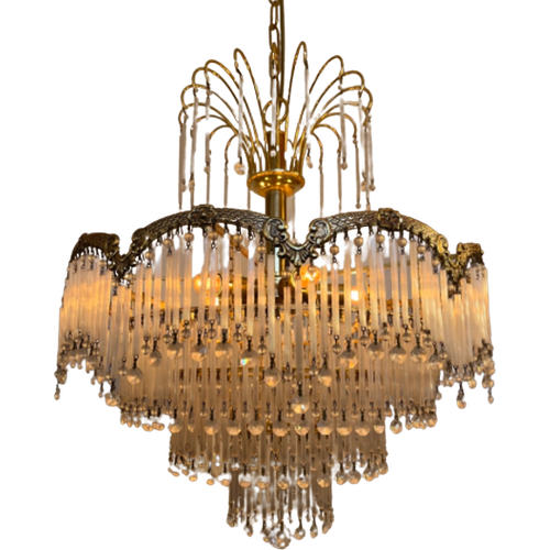 Art Nouveau Hanglamp Kroonluchter Opaal Staafjes Kristal