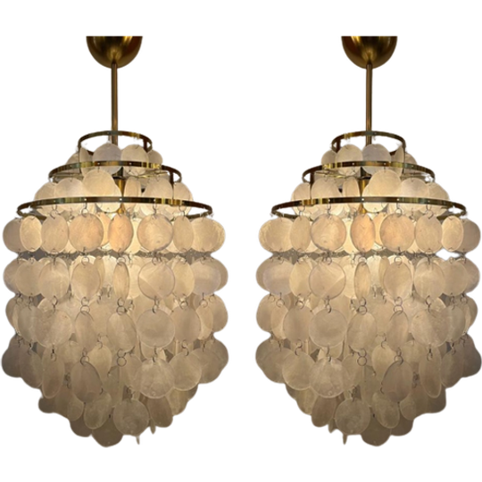 Set Van 2 Hanglampen Capiz Schelpen Lampen Opaline Parelmoer Goud Frame 1