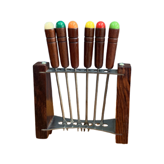 Teak Cocktail Forks In Holder 1960s 1
