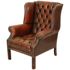 Oude Chesterfield Zetel Bruin Leder Wingchair Oorfauteuil thumbnail 1