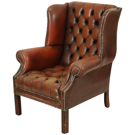 Oude Chesterfield Zetel Bruin Leder Wingchair Oorfauteuil 1