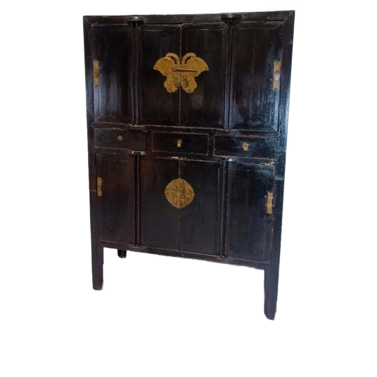 Antieke Vintage Chinees Kast, Zwart Gelakt 1