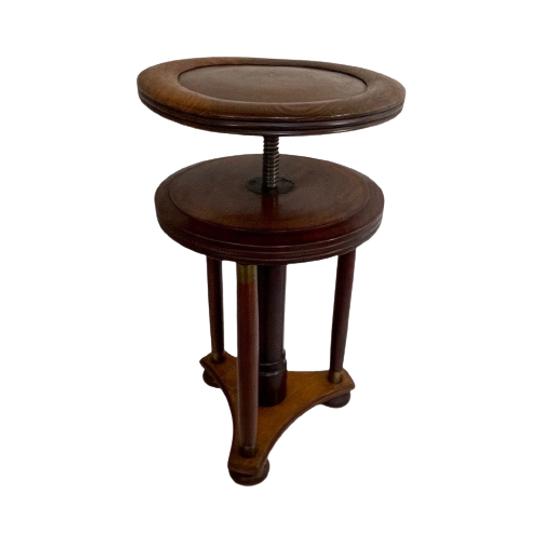 Antique - Wooden Piano Stool / Chair - Mounted On A Swiveling Base - Oak And Brass Detailing With 1