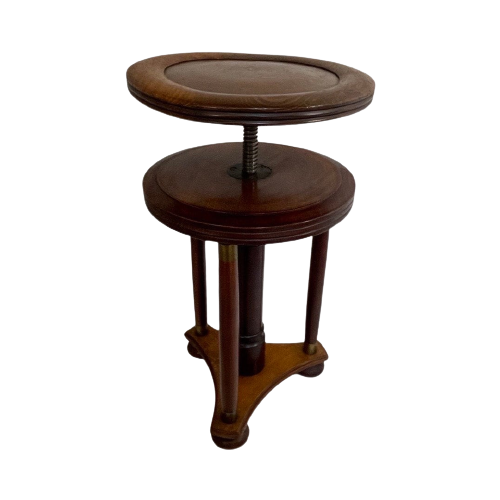 Antique - Wooden Piano Stool / Chair - Mounted On A Swiveling Base - Oak And Brass Detailing With