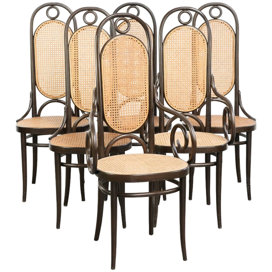 Set Van 6 Originele Vintage Thonet Stoelen Model Long John Met Een Hoge Rug, Webbing Zitting En Rugleuning En Sierlijk Gebogen Hout 1
