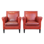 Set Van 2 Unieke, Stijlvolle, Rood Gekleurde Design Armchairs Gemaakt Van Schapenleer thumbnail 1