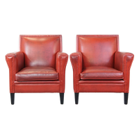 Set Van 2 Unieke, Stijlvolle, Rood Gekleurde Design Armchairs Gemaakt Van Schapenleer