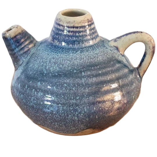 Keramische Kleine Theepot, Vintage Studio Keramiek In Blauw En Beige 1