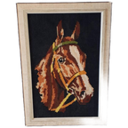 70's Retro Schilderij Geborduurd Paard In Vintage Lijst thumbnail 1