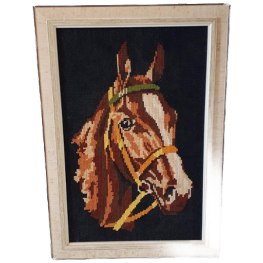 70's Retro Schilderij Geborduurd Paard In Vintage Lijst 1