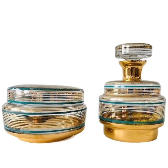 Boheemse Tsjechische Art Deco Vergulde Glazen Kaptafelset 1920’s 1