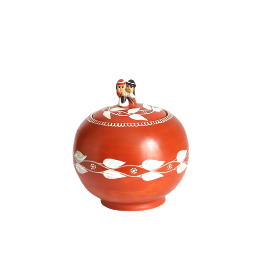Vintage Peruaans Potje Met Deksel Met Knuffelende Poppetjes. 1