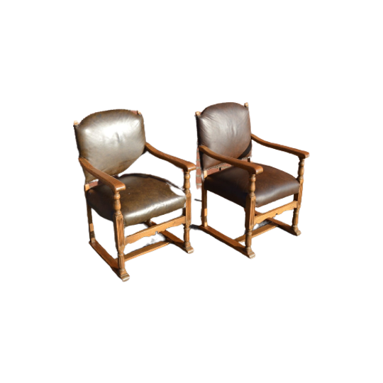 Eiken Armstoelen Met Leer Set Van 2 1