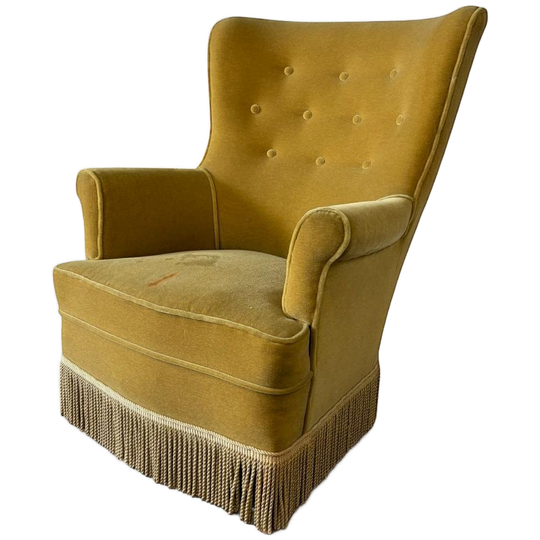 Vintage Okergele Fauteuil / Eenzit Met Franjes 1