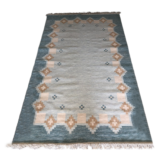 Handgeweven Grote (200x300cm!) Wollen Scandinavisch Rollakan Vloerkleed Ocean Green, Blue Pastel 1