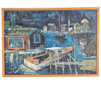 Vintage Schilderij Boot Havenzicht Op Doek ‘60 Mid Century thumbnail 1