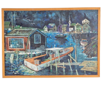 Vintage Schilderij Boot Havenzicht Op Doek ‘60 Mid Century