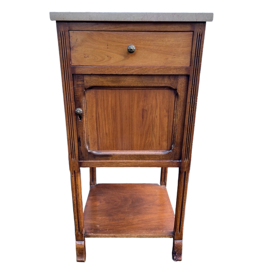 Antiek Mahonie Nachtkastje Met Natuurstenen Bovenblad, Lade En Deurtje 1