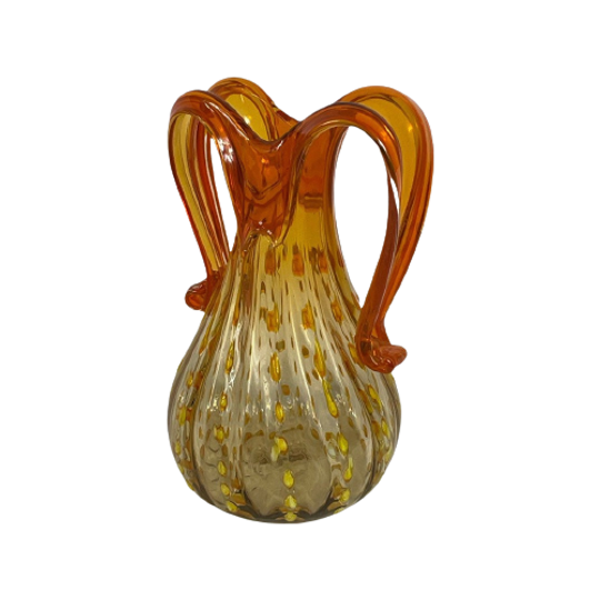 Hand Made Italian Glass Vase (medium)- Amber Colored With Yellow And Orange Details - Excellent Q 1