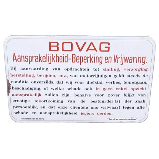 Bovag Emaille Bord, Aansprakelijk-beperking En Vrijwaring🚘 1