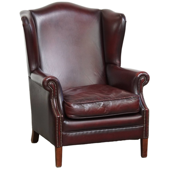 Mooie En Comfortabele Bordeauxrode Rundleren Oorfauteuil In Engelse Stijl Met Een Geweldig Patina 1
