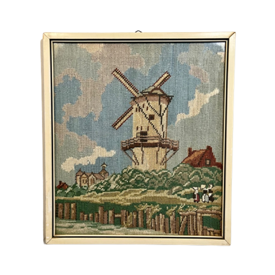Prachtig Ingelijst Borduurwerk Uit 1971: “molen Bij Wijk Bij Duurstede” 1