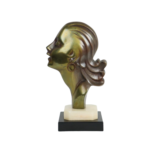 Bronzen Art Deco Beeld Vrouw Profiel Hagenauer Marmeren Basis 1930S