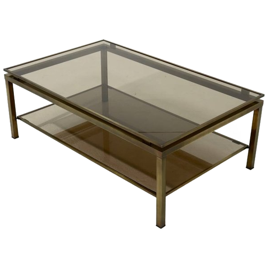 Two Tier Brass And Smoked Glass Coffee Table 1970s 1