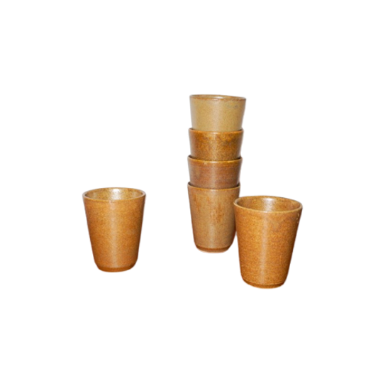 Brown Mid Century Modern Country Stoneware Grès Coffee Cups With White Glaze 1