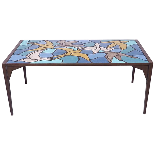 Vintage Metalen Salontafel Van Keramisch Mozaïek Met Vogelmotief, Jaren 70 1
