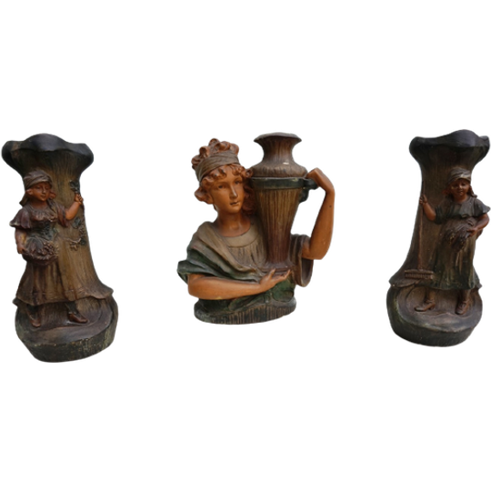 Art Nouveau Gipsen Buste En 2 Vazen, P. Balestra 1