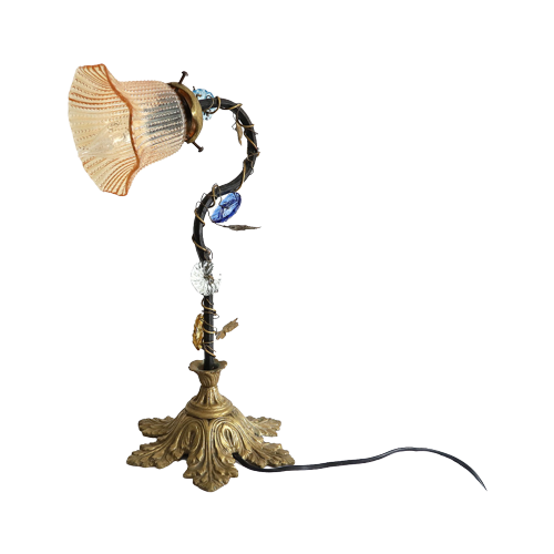 Vintage Franse Art Nouveau Tafellamp Met Bladeren En Glazen Bloemen.
