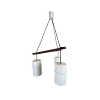 Vintage ‘japandi’ Hanglamp Teak En Opaline