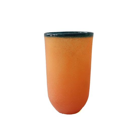 Vintage Vaas Oranje Glas Met Petrol Rand, Bijenkorf Jaren '80 1