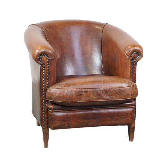 Stoere, Karaktervolle En Comfortabele Cognac-kleurige Schapenleren Clubfauteuil Met Een Tijdloos 1