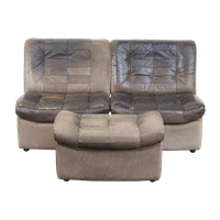 Grijze Vintage Lederen Elementen Design Bank 2 Elementen + Hocker