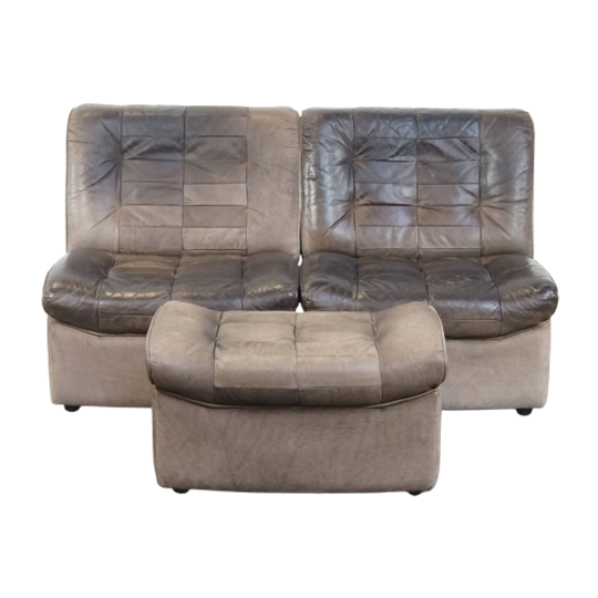Grijze Vintage Lederen Elementen Design Bank 2 Elementen + Hocker 1