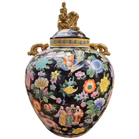 Large Famille Noir Chinese / Porcelain Ginger Jar / Hand Painted / Mille Fleur 1
