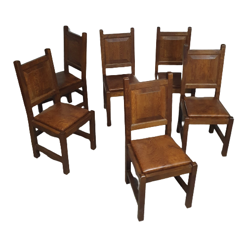 6 X Brutalist Solid Oak Chairs Mid Century
