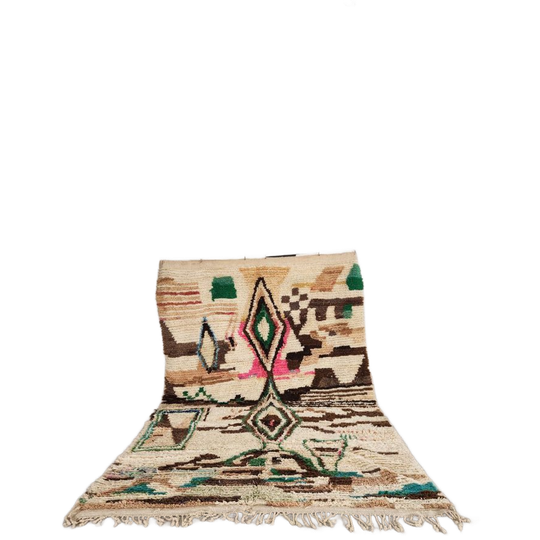 Vintage Boujaad Vloerkleed 300x200 Cm – Handgeknoopt Marokkaans Berber Tapijt – Crème Wol Met Groene En Bruine Geometrische Patronen 1